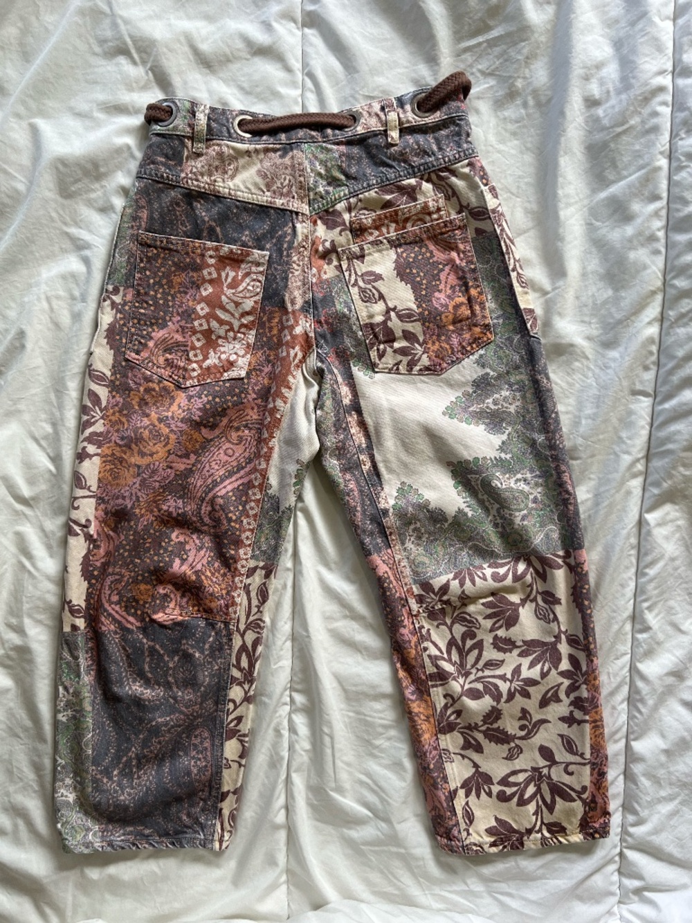 Free People Moxie Printed Brown Combo / Brn Motif Pull-On Barrel Jeans W 27 S - Picture 4 of 16